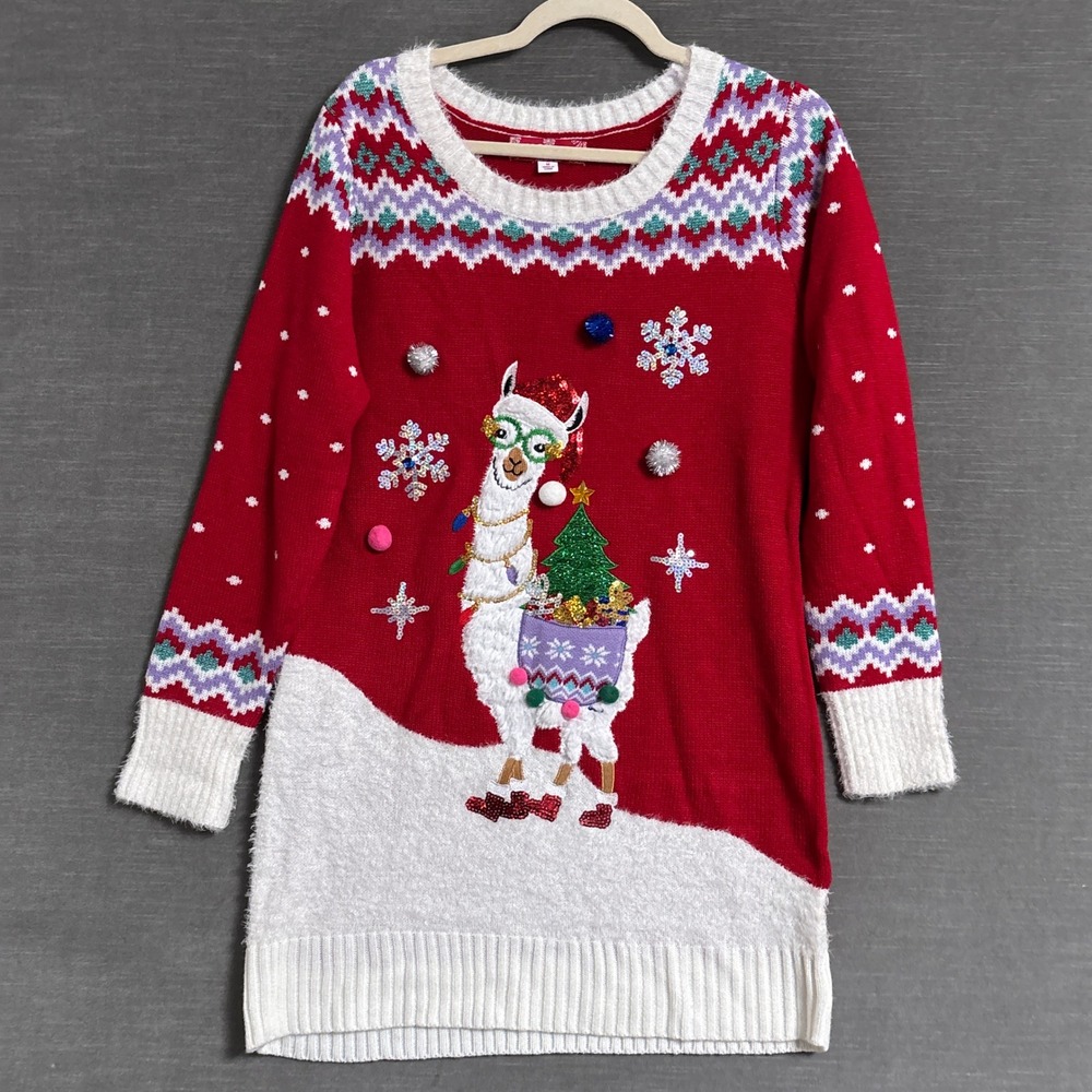 33 Degrees Sweater M Red Llama Sequin Pom Pom Holiday Ugly Christmas Longline